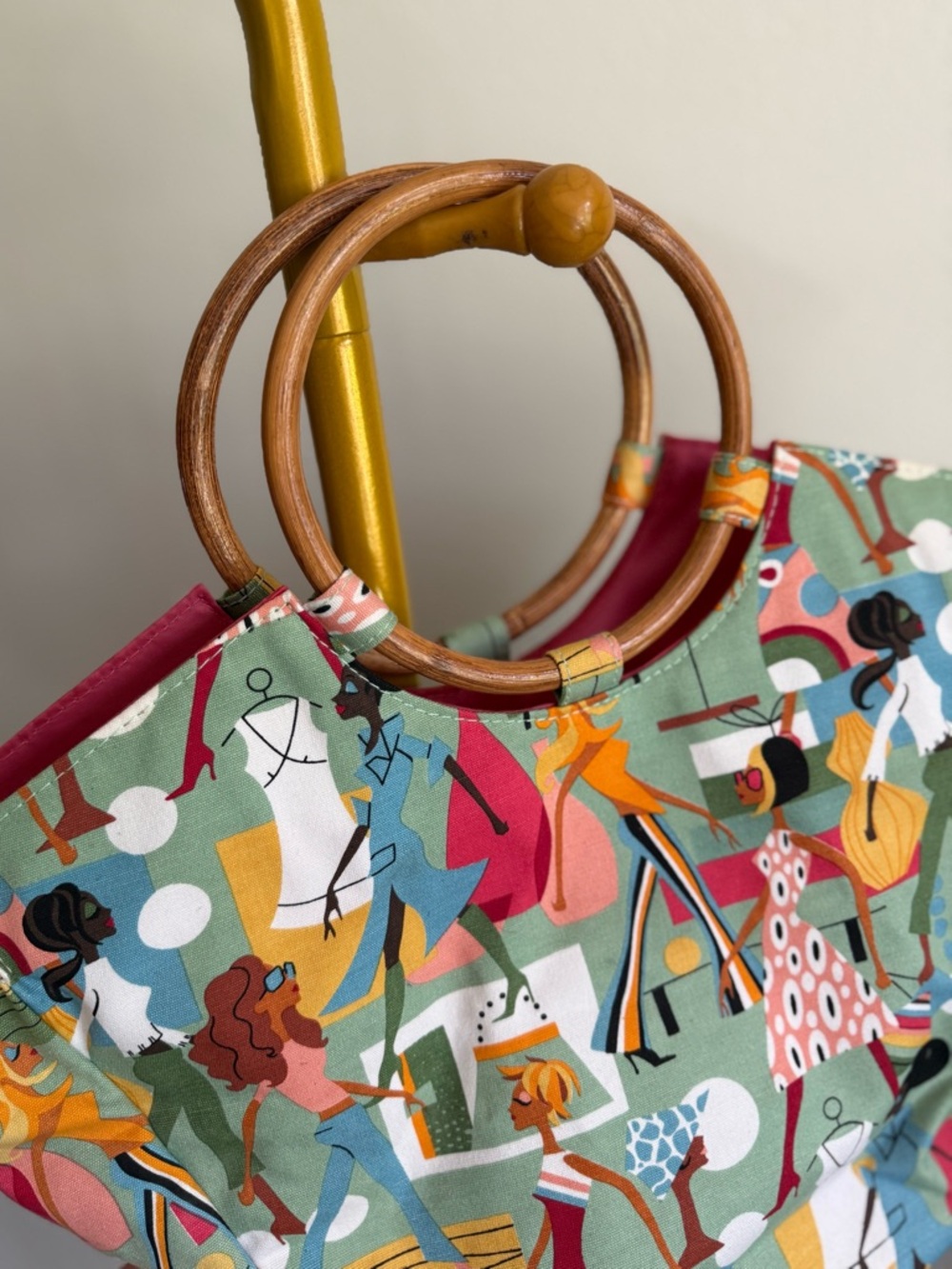 Neiman Marcus Novelty Print Handbag Bamboo Ring Handles Colorful Tote Bag